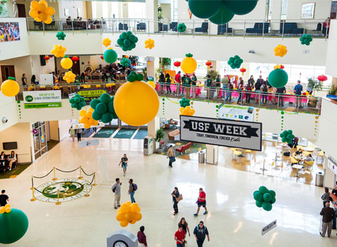 Balloons drop in the Marshall Student Center during USF Week