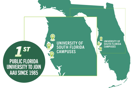 Map of the state of florida that says #1 public FL university to join AAU since 1985